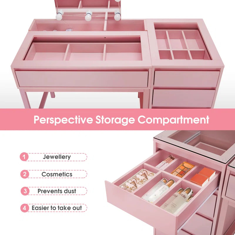 Keroon Glass Top Pink Makeup Vanity Desk with Lighted Mirror and Jewelry Storage