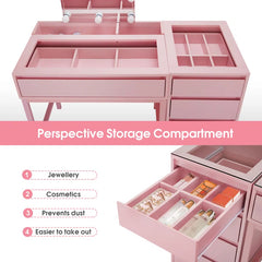 Keroon Glass Top Pink Makeup Vanity Desk with Lighted Mirror and Jewelry Storage