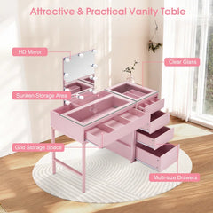 Keroon Glass Top Pink Makeup Vanity Desk with Lighted Mirror and Jewelry Storage
