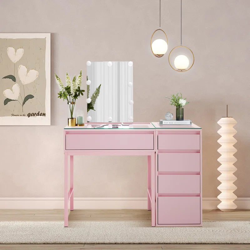 Keroon Glass Top Pink Makeup Vanity Desk with Lighted Mirror and Jewelry Storage