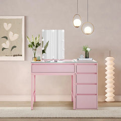 Keroon Glass Top Pink Makeup Vanity Desk with Lighted Mirror and Jewelry Storage