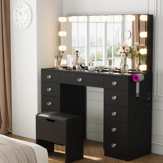 Vanity With 11 Drawers & Lighting Bulbs, Storage Stool & 10X Magnifying Mirror