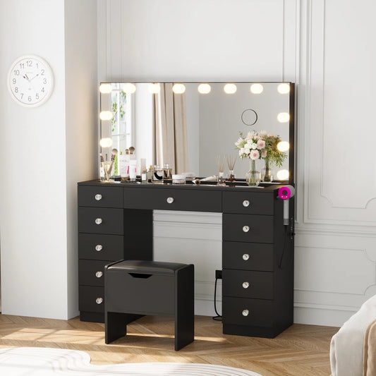 Vanity With 11 Drawers & Lighting Bulbs, Storage Stool & 10X Magnifying Mirror