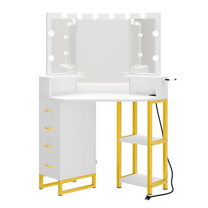 Adilion Vanity Desk with Tri-Fold Mirror, Adjustable LED Lights & Stool