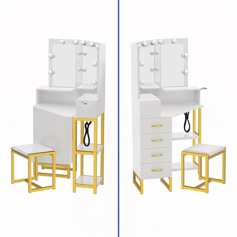Adilion Vanity Desk with Tri-Fold Mirror, Adjustable LED Lights & Stool