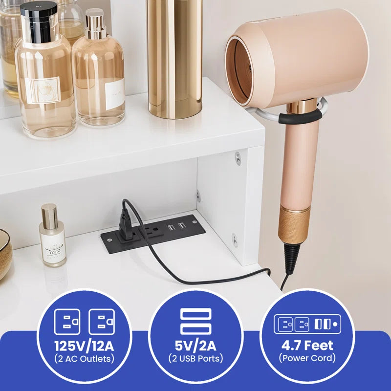 Adilion Vanity Desk with Tri-Fold Mirror, Adjustable LED Lights & Stool