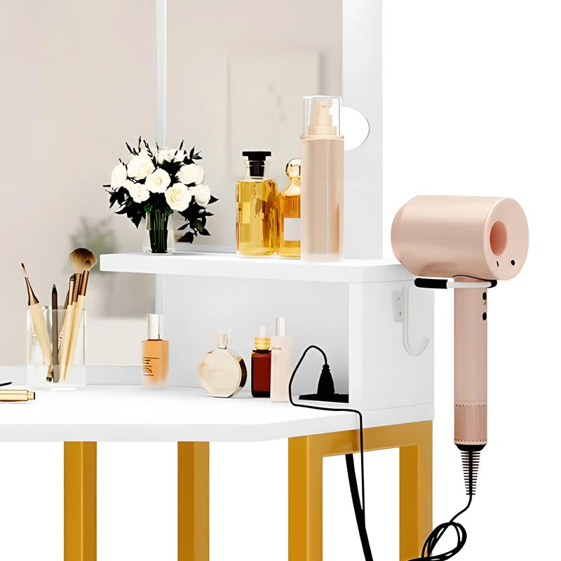Adilion Vanity Desk with Tri-Fold Mirror, Adjustable LED Lights & Stool
