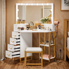 Adilion Vanity Desk with Tri-Fold Mirror, Adjustable LED Lights & Stool