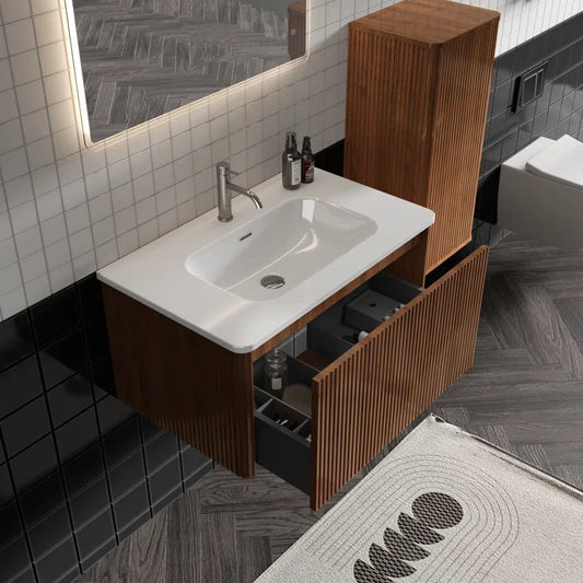 Wall-Mounted Single Bathroom Vanity with Ceramic Top, Modern Luxury Storage Cabinet – Eco-Friendly E1 for Small Spaces & Hotels
