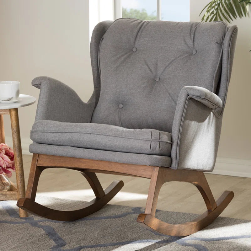 Elegant Wingback Upholstered Rocking Chair with Wooden Base