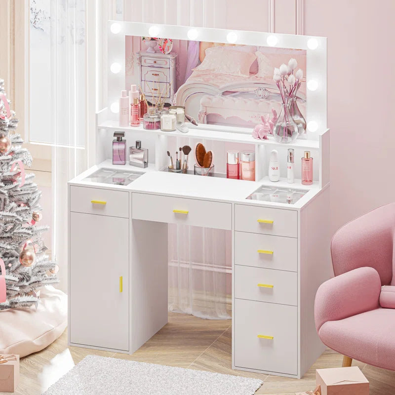 Lauren Hollywood Vanity With Outlets and Large Mirror Glass Top - Wooden Bazar