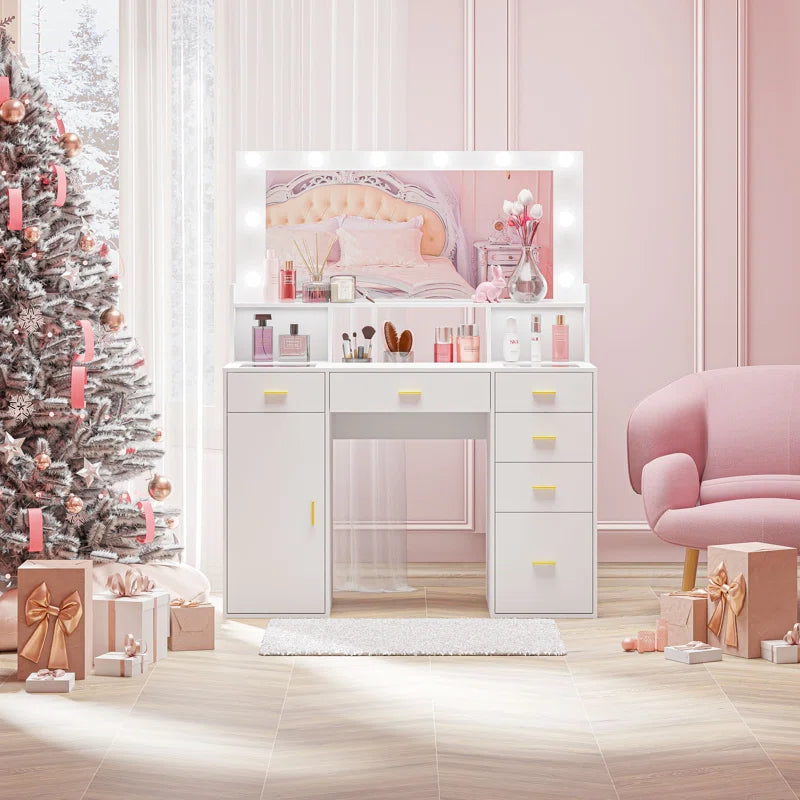 Lauren Hollywood Vanity With Outlets and Large Mirror Glass Top - Wooden Bazar