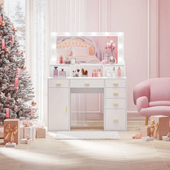 Lauren Hollywood Vanity With Outlets and Large Mirror Glass Top - Wooden Bazar