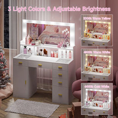 Lauren Hollywood Vanity With Outlets and Large Mirror Glass Top - Wooden Bazar