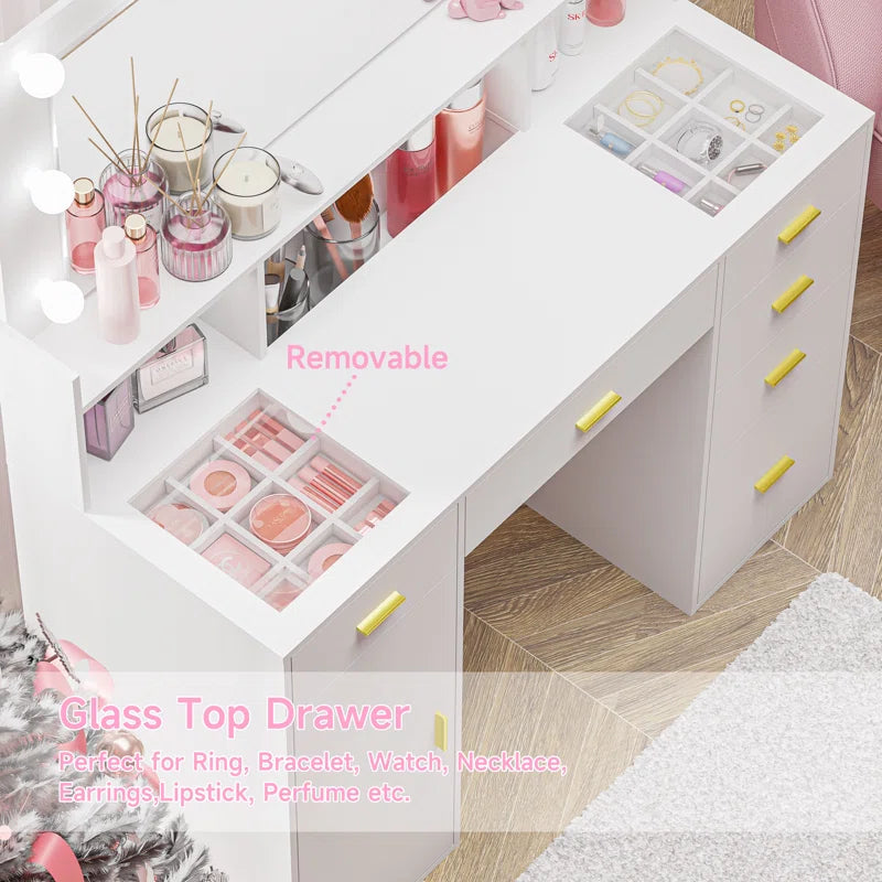 Lauren Hollywood Vanity With Outlets and Large Mirror Glass Top - Wooden Bazar