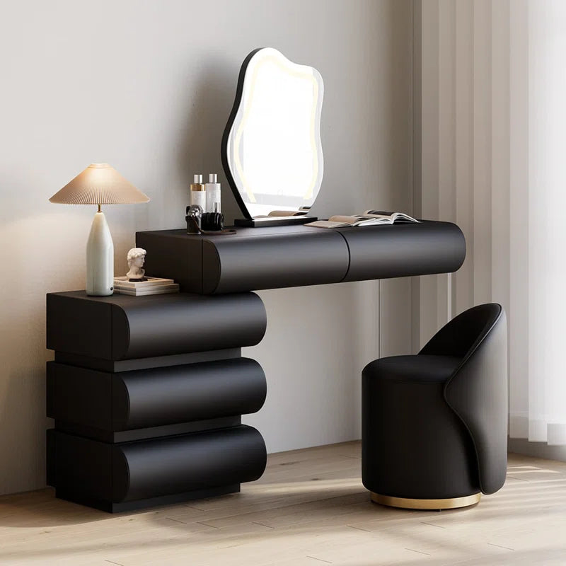 Anixito Modern Makeup Vanity Set PU Leather Dressing Table with Stool & LED Mirror