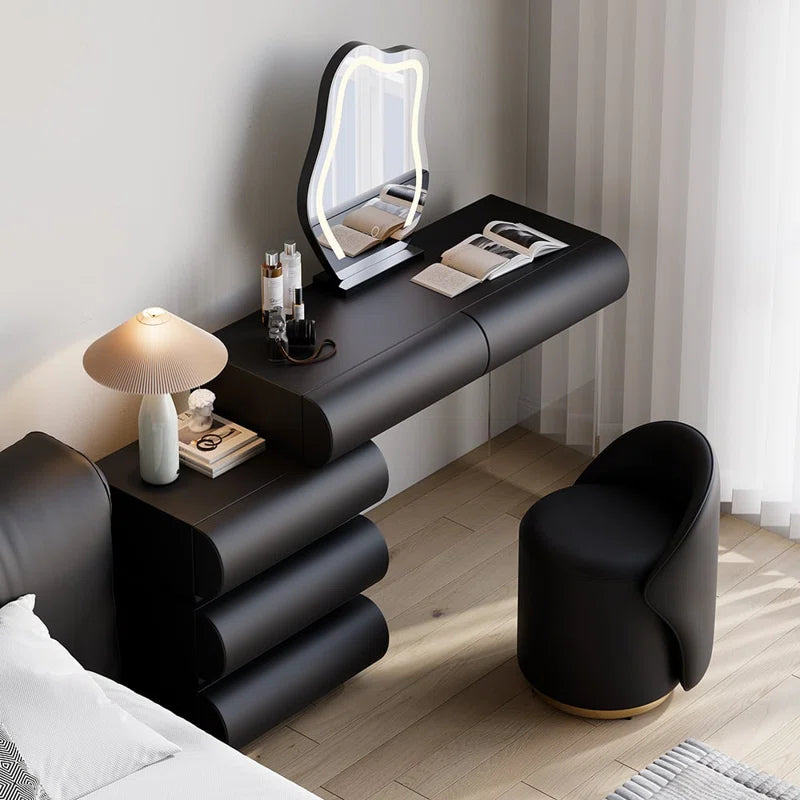Anixito Modern Makeup Vanity Set PU Leather Dressing Table with Stool & LED Mirror