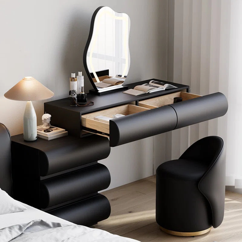 Anixito Modern Makeup Vanity Set PU Leather Dressing Table with Stool & LED Mirror