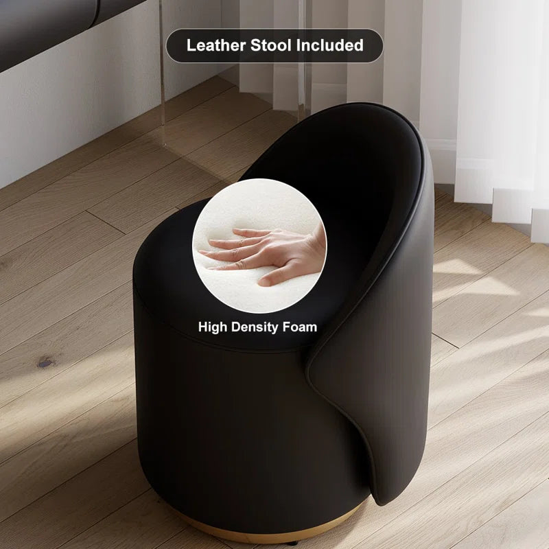 Anixito Modern Makeup Vanity Set PU Leather Dressing Table with Stool & LED Mirror
