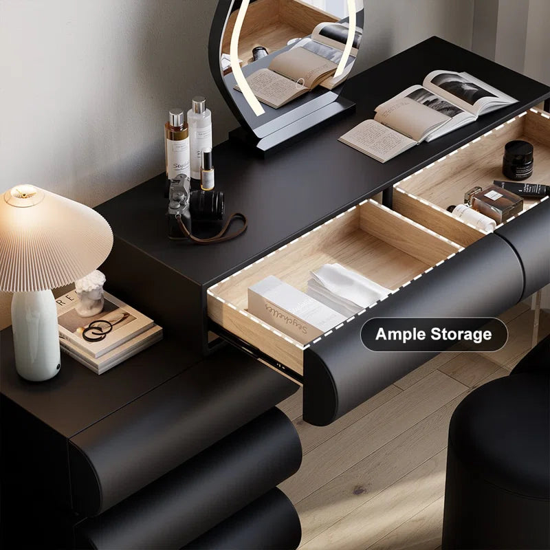 Anixito Modern Makeup Vanity Set PU Leather Dressing Table with Stool & LED Mirror