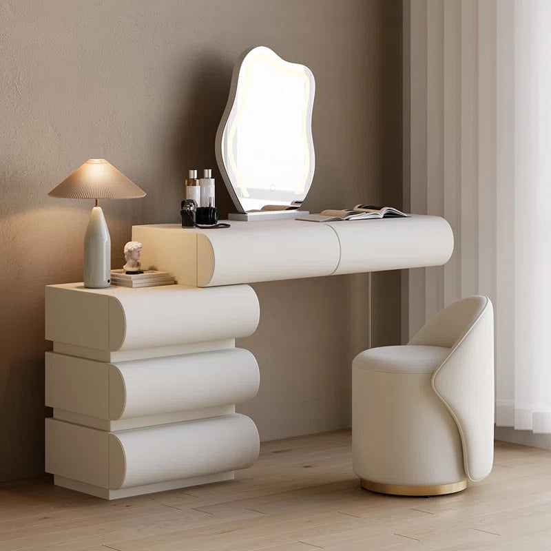 Anixito Modern Makeup Vanity Set PU Leather Dressing Table with Stool & LED Mirror