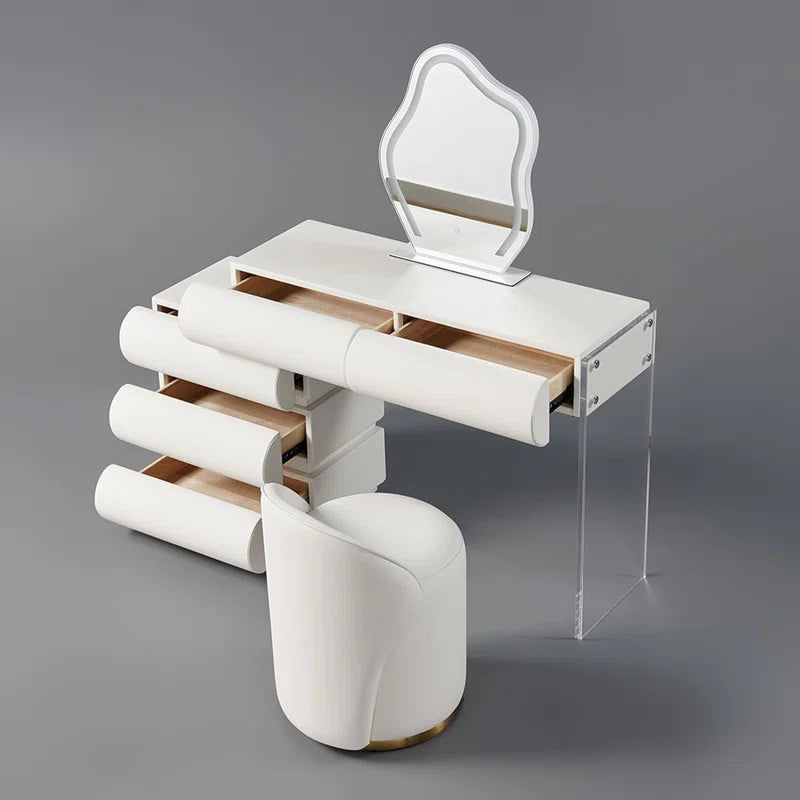 Anixito Modern Makeup Vanity Set PU Leather Dressing Table with Stool & LED Mirror