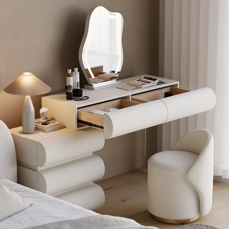 Anixito Modern Makeup Vanity Set PU Leather Dressing Table with Stool & LED Mirror