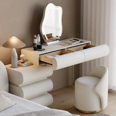 Anixito Modern Makeup Vanity Set PU Leather Dressing Table with Stool & LED Mirror