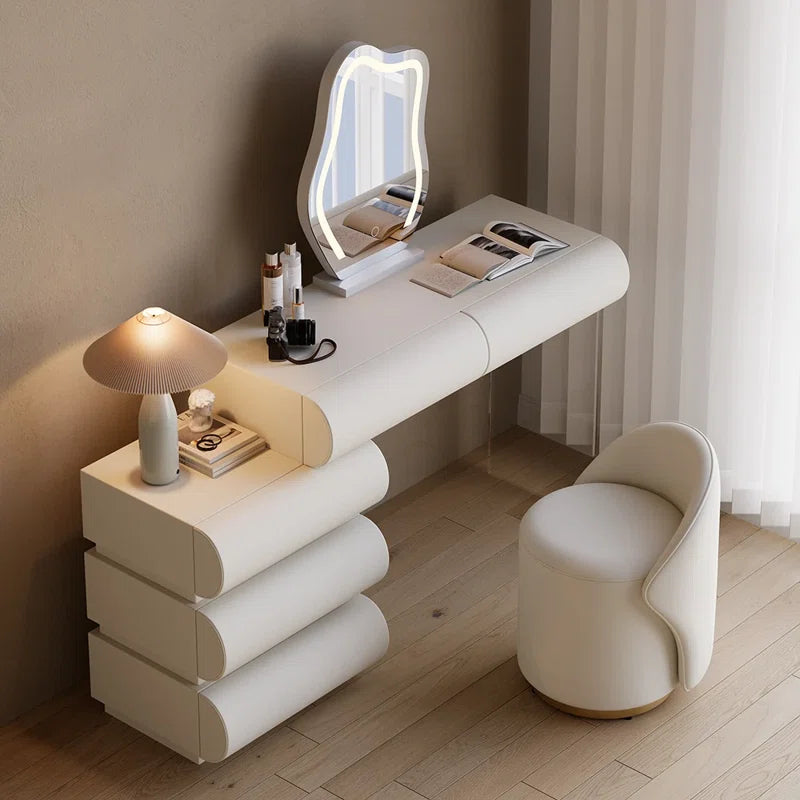 Anixito Modern Makeup Vanity Set PU Leather Dressing Table with Stool & LED Mirror