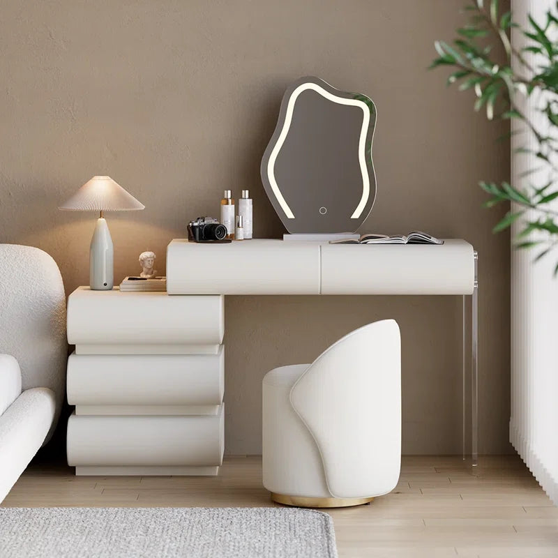 Anixito Modern Makeup Vanity Set PU Leather Dressing Table with Stool & LED Mirror