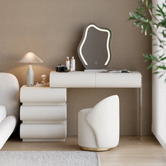 Anixito Modern Makeup Vanity Set PU Leather Dressing Table with Stool & LED Mirror