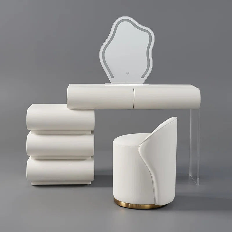 Anixito Modern Makeup Vanity Set PU Leather Dressing Table with Stool & LED Mirror