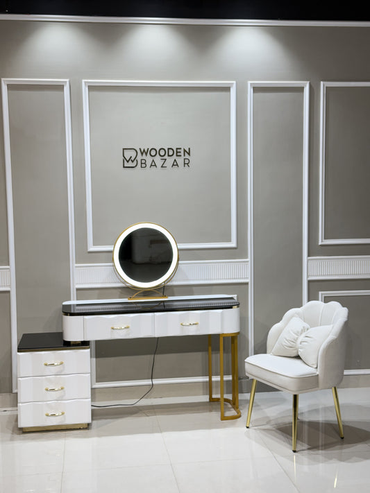 Uterry Vanity Desk with Light Mirror, Makeup Vanity Dressing Table with 5 Drawers with chair