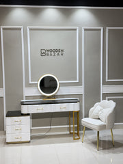 Uterry Vanity Desk with Light Mirror, Makeup Vanity Dressing Table with 3 Drawers, 6 Adjustable Shelves