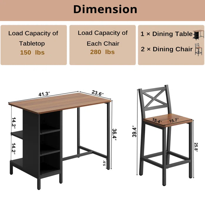 Adelaide 2 Seater  Industrial Counter Height Dining Set with Storage for Small Spaces