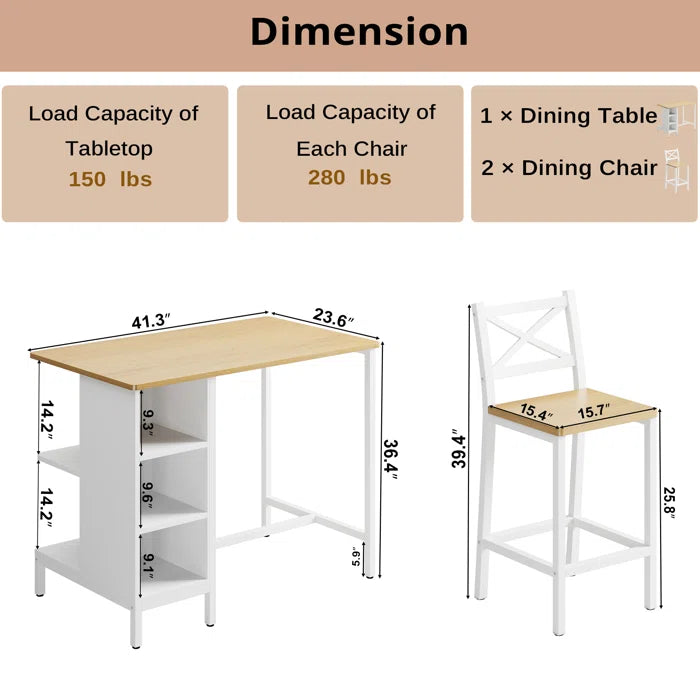 Adelaide 2 Seater  Industrial Counter Height Dining Set with Storage for Small Spaces
