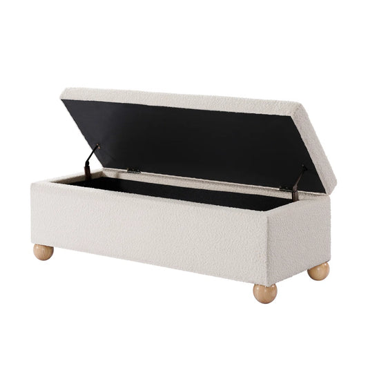 Boucle Storage Bench With Solid Wood Ball Feet - Wooden Bazar