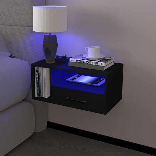 Black Floating Nightstand with RGB Lighting - Wooden Bazar