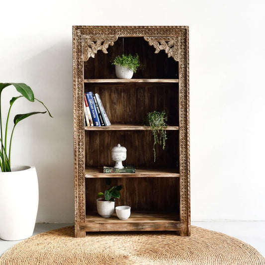 Haskel Hand Carved Storage Bookshelf With 3 Shelves - Wooden Bazar