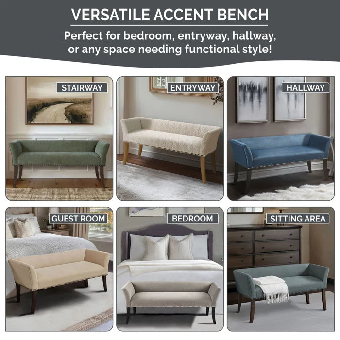 Shaniyala Upholstered Nailhead Bench with Back & Wood Legs