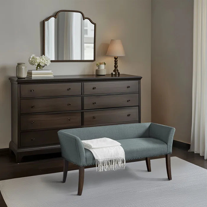 Shaniyala Upholstered Nailhead Bench with Back & Wood Legs