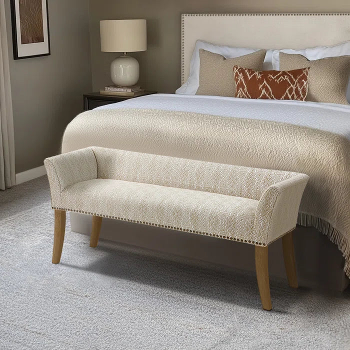 Shaniyala Upholstered Nailhead Bench with Back & Wood Legs