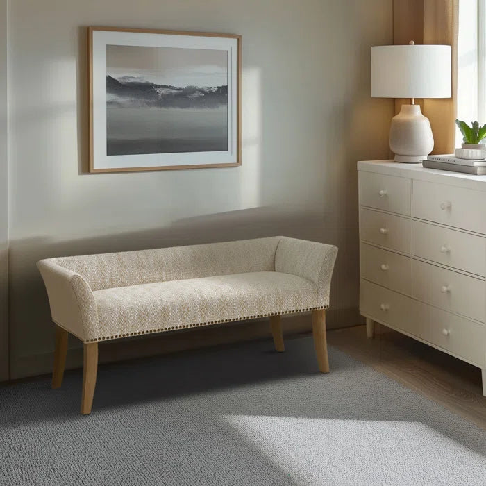 Shaniyala Upholstered Nailhead Bench with Back & Wood Legs