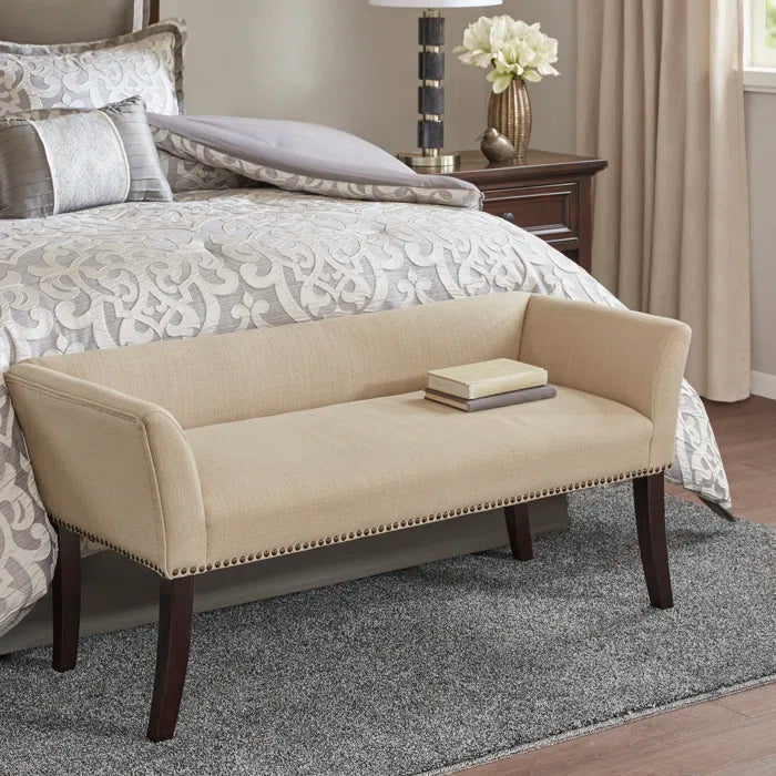Shaniyala Upholstered Nailhead Bench with Back & Wood Legs