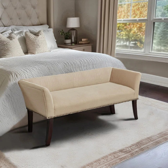 Shaniyala Upholstered Nailhead Bench with Back & Wood Legs