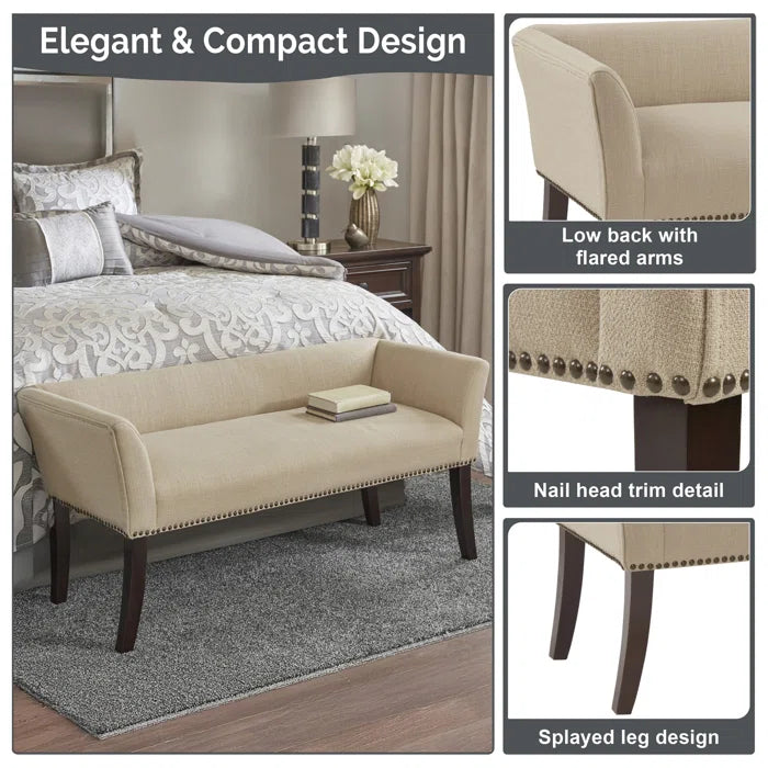 Shaniyala Upholstered Nailhead Bench with Back & Wood Legs