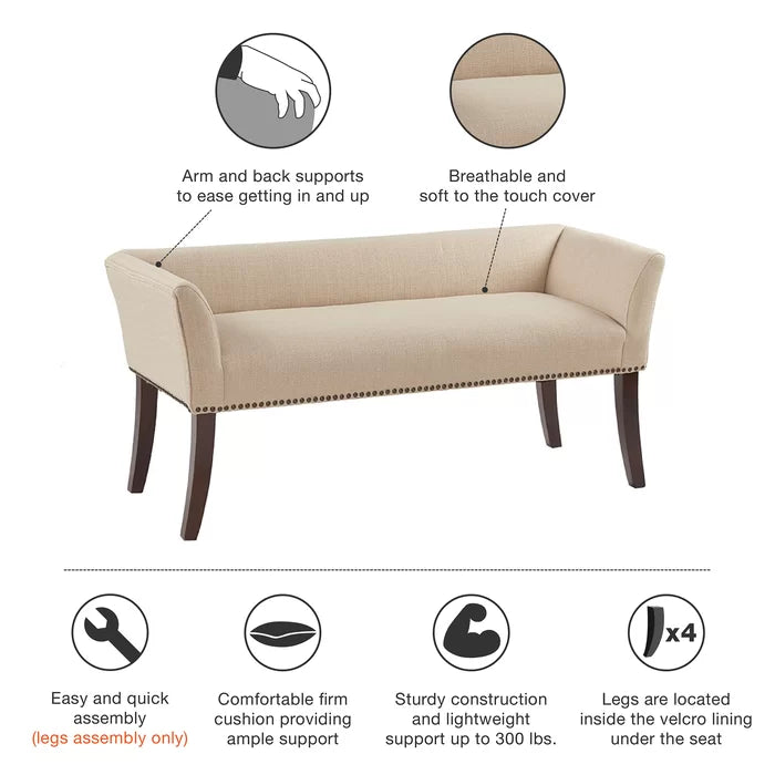 Shaniyala Upholstered Nailhead Bench with Back & Wood Legs