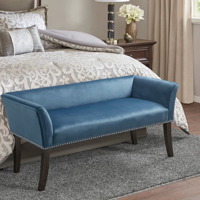 Shaniyala Upholstered Nailhead Bench with Back & Wood Legs