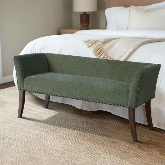 Shaniyala Upholstered Nailhead Bench with Back & Wood Legs