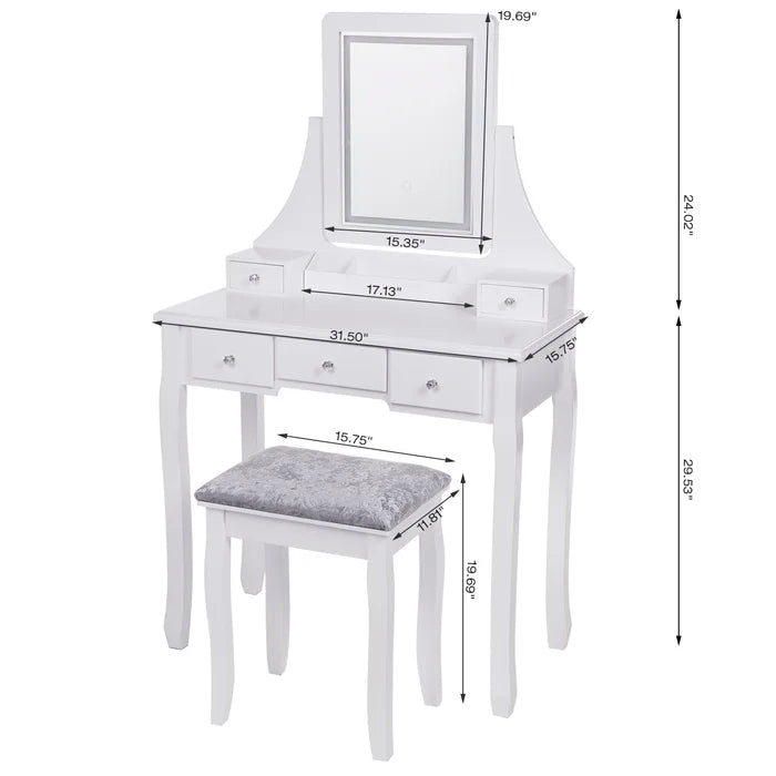 Kemba Vanity Desk Dressing Table Set with Stool and Mirror - Wooden Bazar